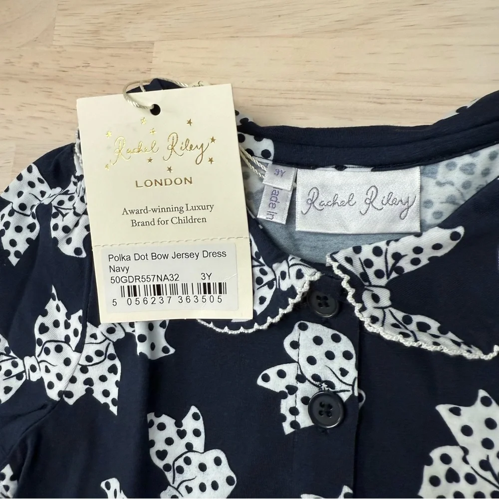 New! Rachel Riley navy cotton polka dot bow dress
